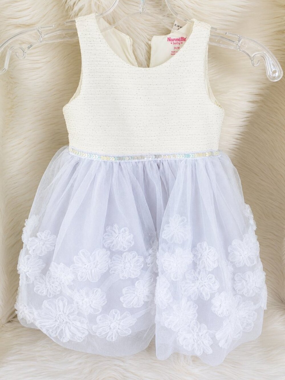 Nannette Baby Girls Ivory/Cream Sequin Floral Dress SZ 24M